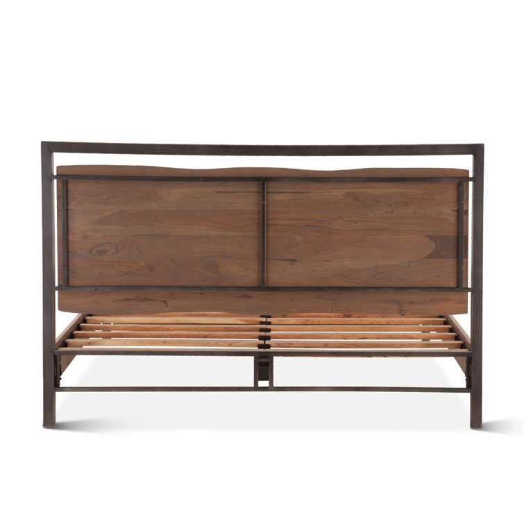 Queen Acacia Wood and Reclaimed Iron Platform Bed with Bookcase Headboard