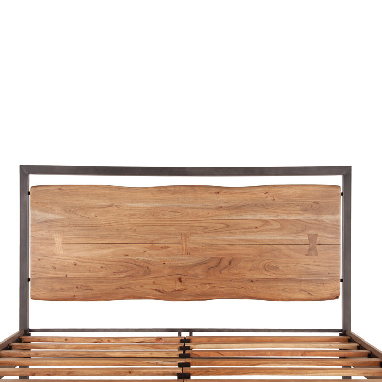 Queen Acacia Wood and Reclaimed Iron Platform Bed with Bookcase Headboard