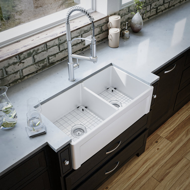 White 33" Double Bowl Fireclay Farmhouse Kitchen Sink