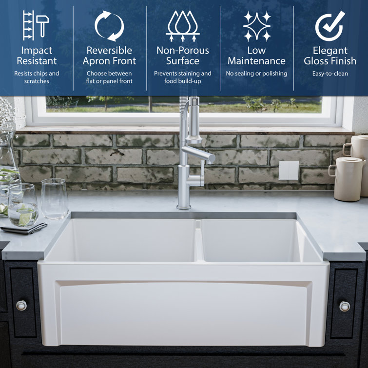 White 33" Double Bowl Fireclay Farmhouse Kitchen Sink