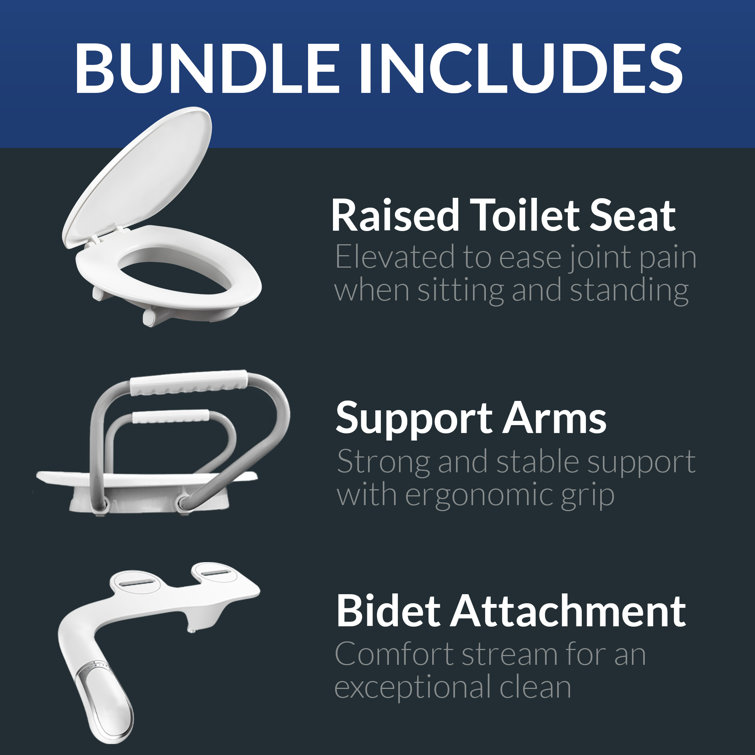 White Raised Toilet Seat with Handles and Bidet Attachment