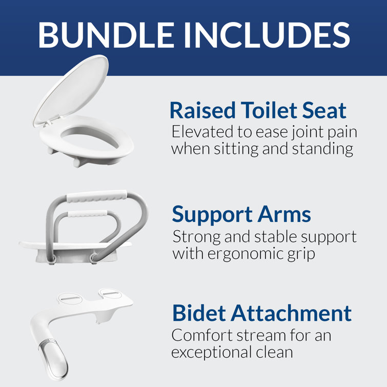 White Raised Toilet Seat with Handles and Bidet Attachment