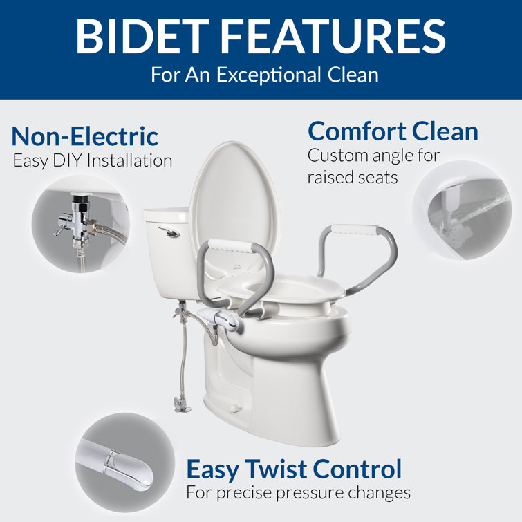 White Raised Toilet Seat with Handles and Bidet Attachment