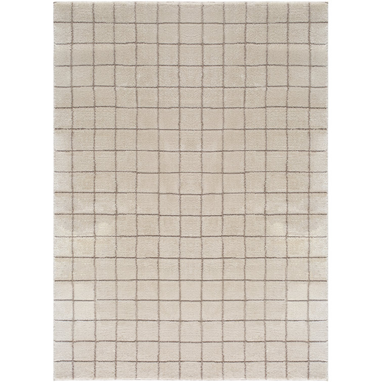 Ivory and Taupe High Pile Grid Area Rug
