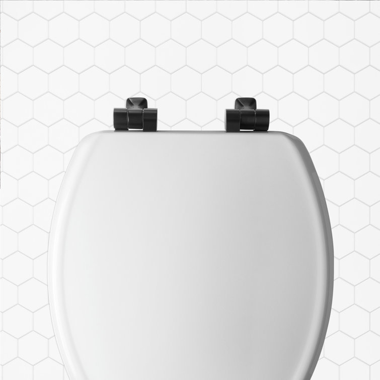 White Gloss Elongated Toilet Seat with Matte Black Metal Hinges