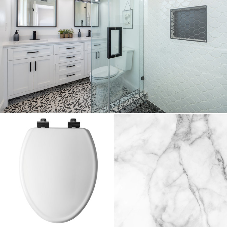 White Gloss Elongated Toilet Seat with Matte Black Metal Hinges