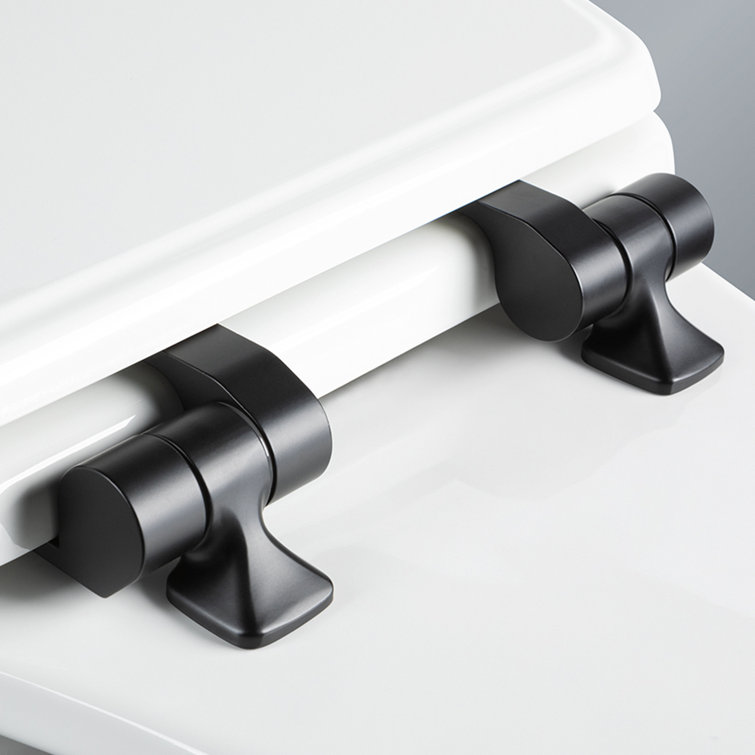White Gloss Elongated Toilet Seat with Matte Black Metal Hinges