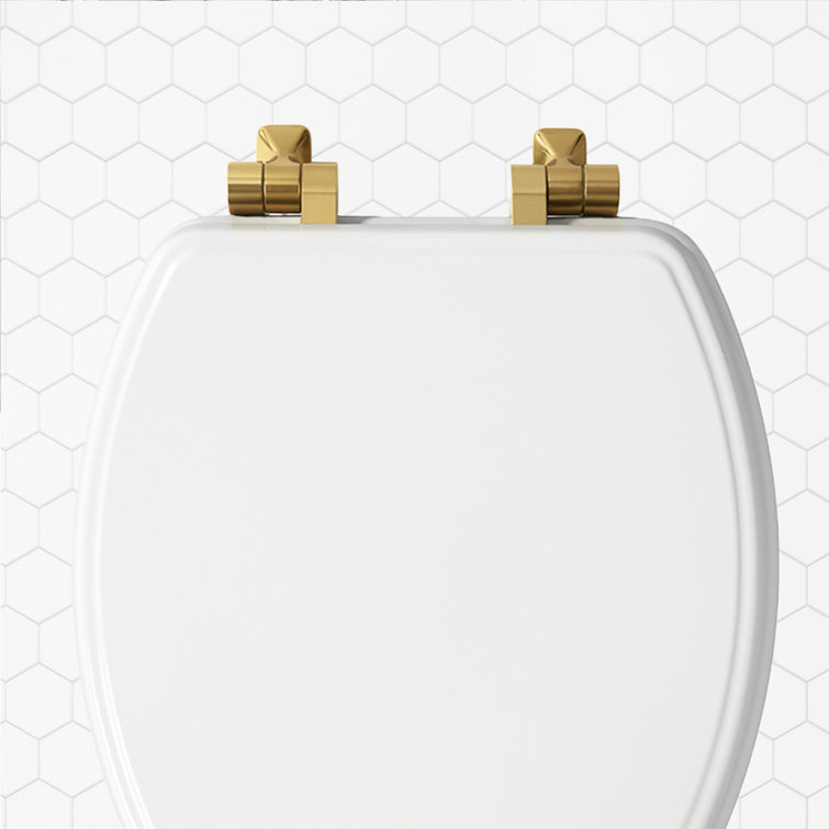 White Elongated Wood Toilet Seat with Brushed Gold Hinges