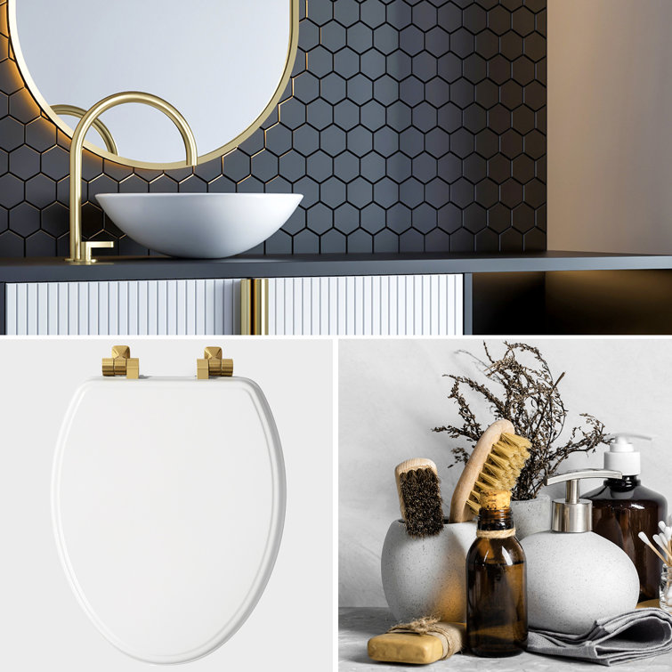 White Elongated Wood Toilet Seat with Brushed Gold Hinges