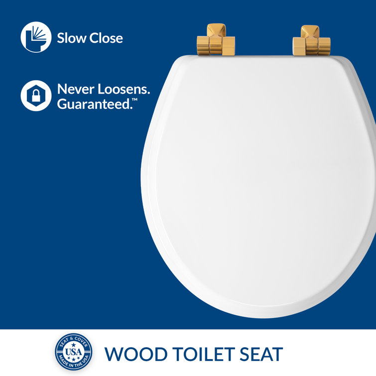 White Elongated Wood Toilet Seat with Brushed Gold Hinges