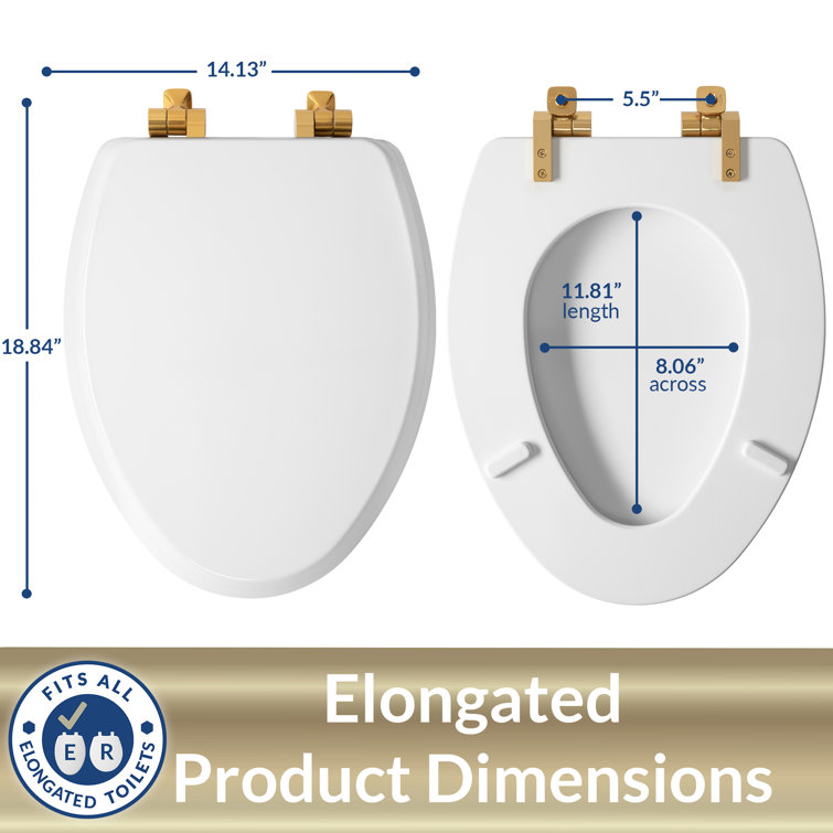 White Elongated Wood Toilet Seat with Brushed Gold Hinges