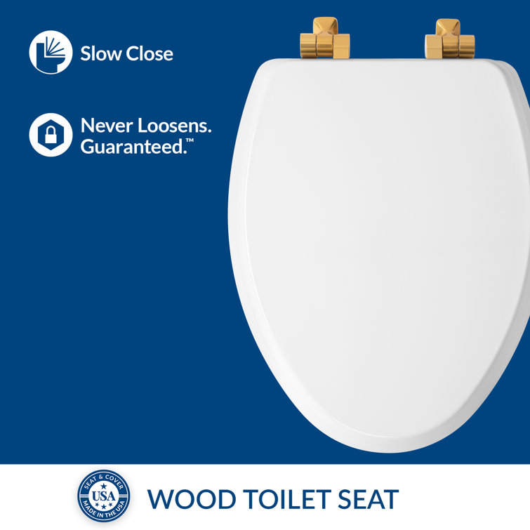 White Elongated Wood Toilet Seat with Brushed Gold Hinges