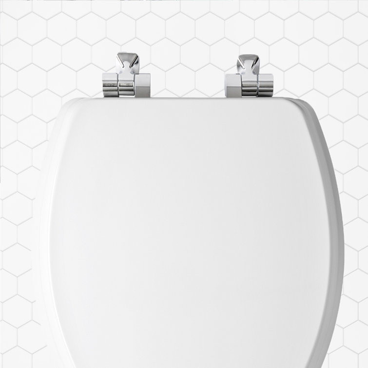 White Round Soft Close Enameled Wood Toilet Seat with Chrome Hinges