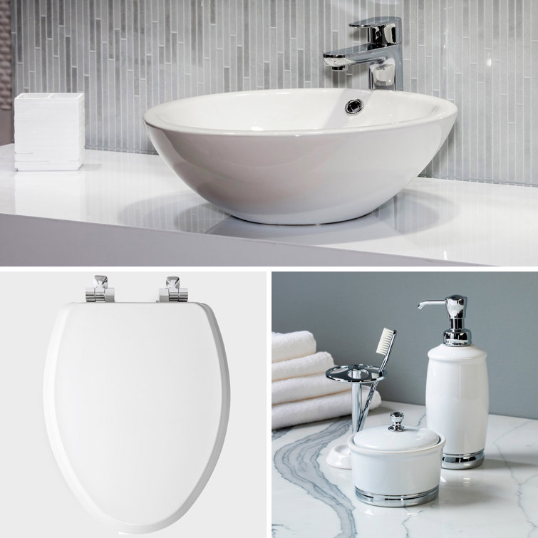 White Round Soft Close Enameled Wood Toilet Seat with Chrome Hinges