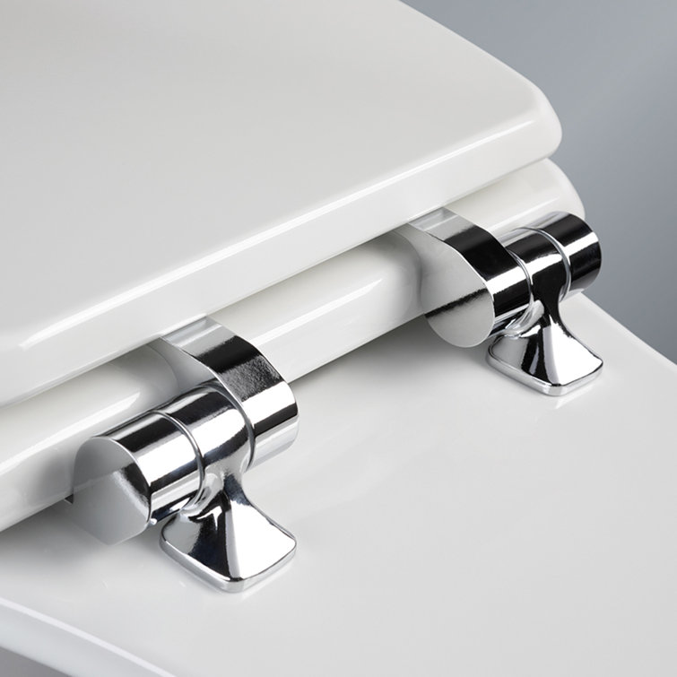 White Round Soft Close Enameled Wood Toilet Seat with Chrome Hinges