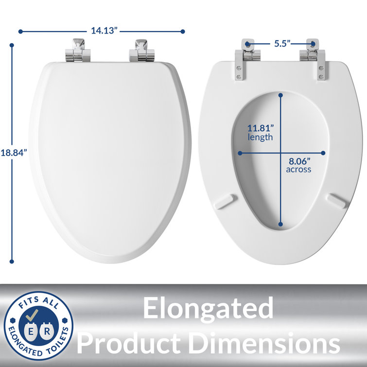 Elongated White Gloss Enameled Wood Toilet Seat with Chrome Hinges