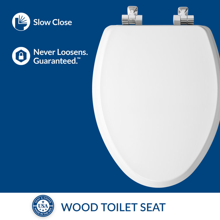 Elongated White Gloss Enameled Wood Toilet Seat with Chrome Hinges