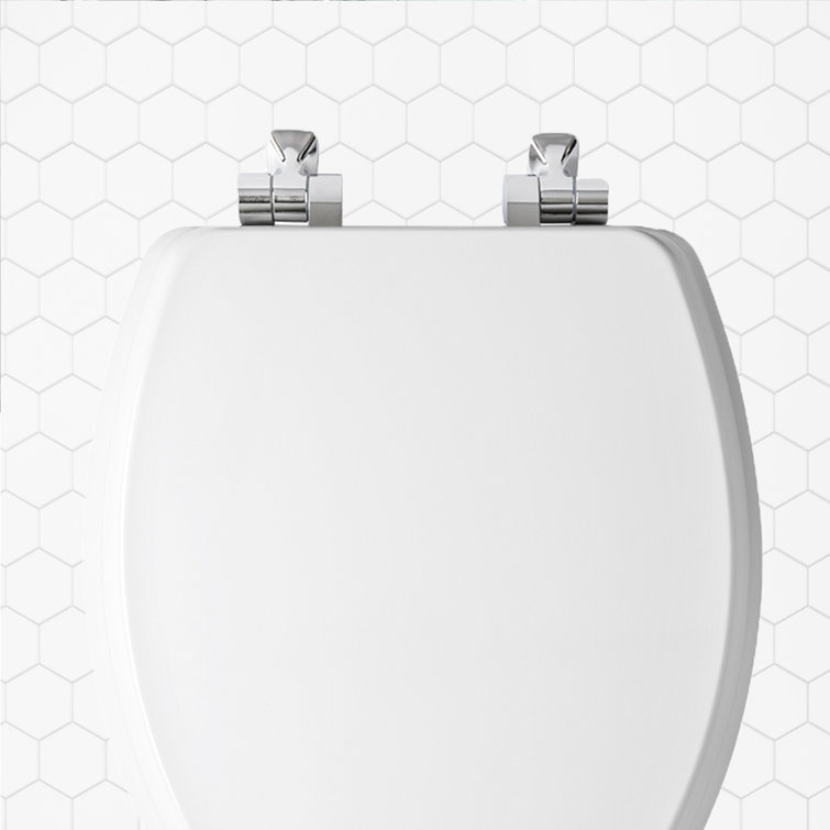 White Gloss Elongated Enameled Wood Toilet Seat with Brushed Nickel Hinges