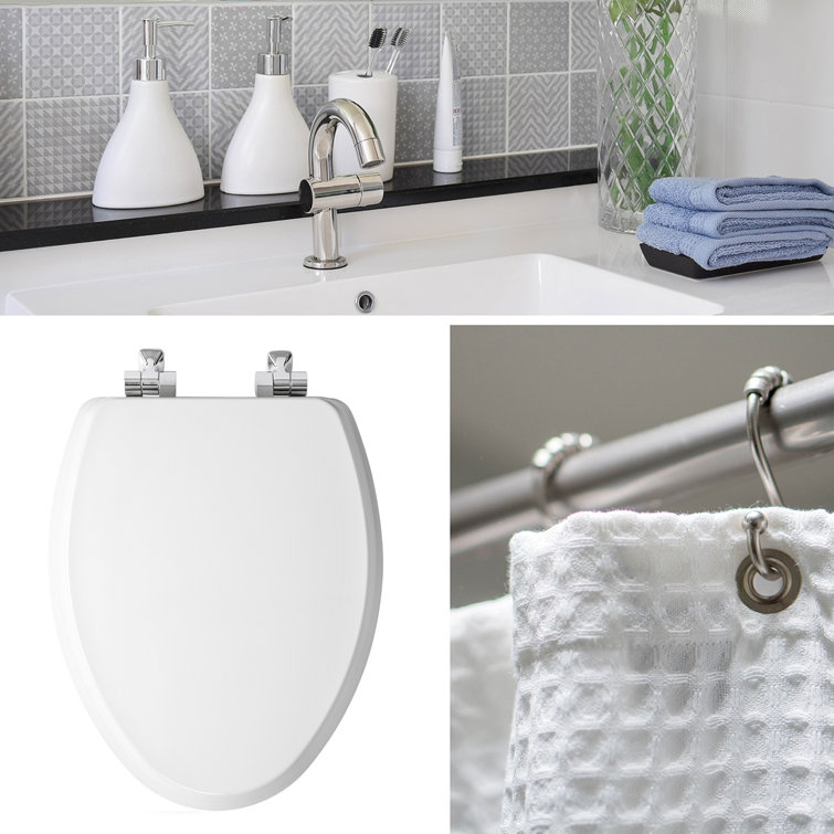 White Gloss Elongated Enameled Wood Toilet Seat with Brushed Nickel Hinges
