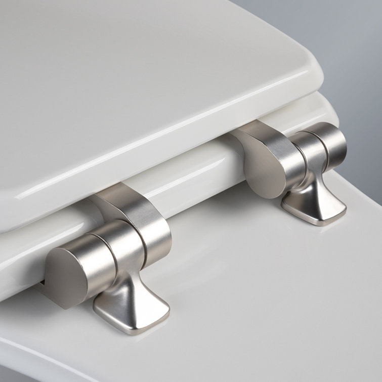 White Gloss Elongated Enameled Wood Toilet Seat with Brushed Nickel Hinges