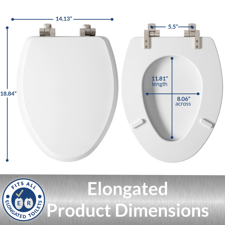White Gloss Elongated Enameled Wood Toilet Seat with Brushed Nickel Hinges