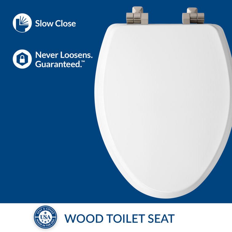 White Gloss Elongated Enameled Wood Toilet Seat with Brushed Nickel Hinges