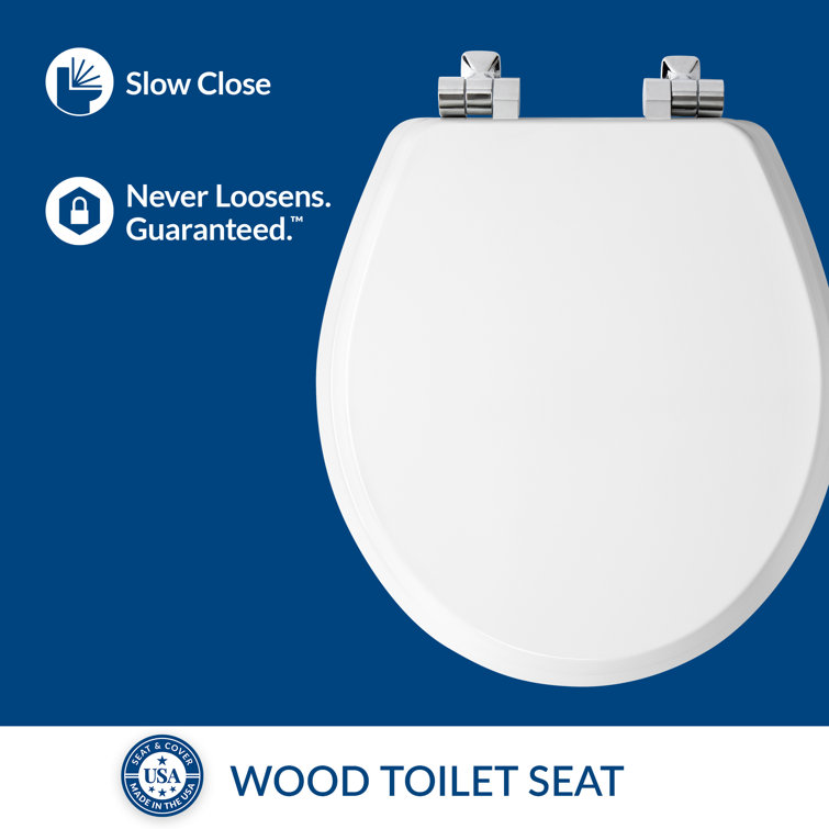 White Round Soft Close Enameled Wood Toilet Seat with Chrome Hinges