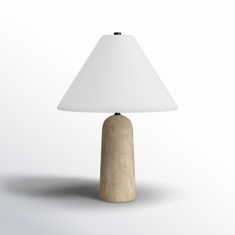 Small White Travertine Table Lamp with Linen Shade