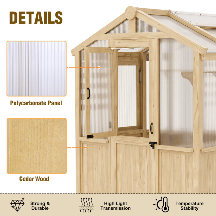 7x6 ft Beige Cedar and Polycarbonate Walk-In Greenhouse