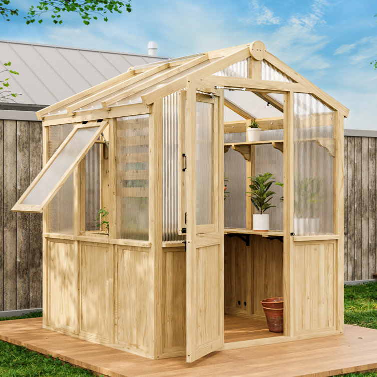 7x6 ft Beige Cedar and Polycarbonate Walk-In Greenhouse