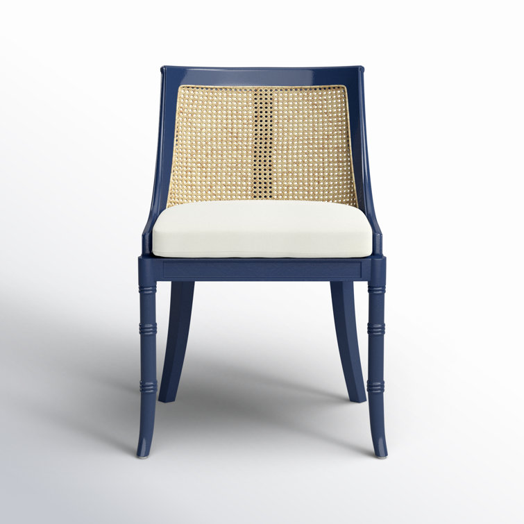 Parisian Blue Mahogany and Cane Side Chair with Linen Cushion
