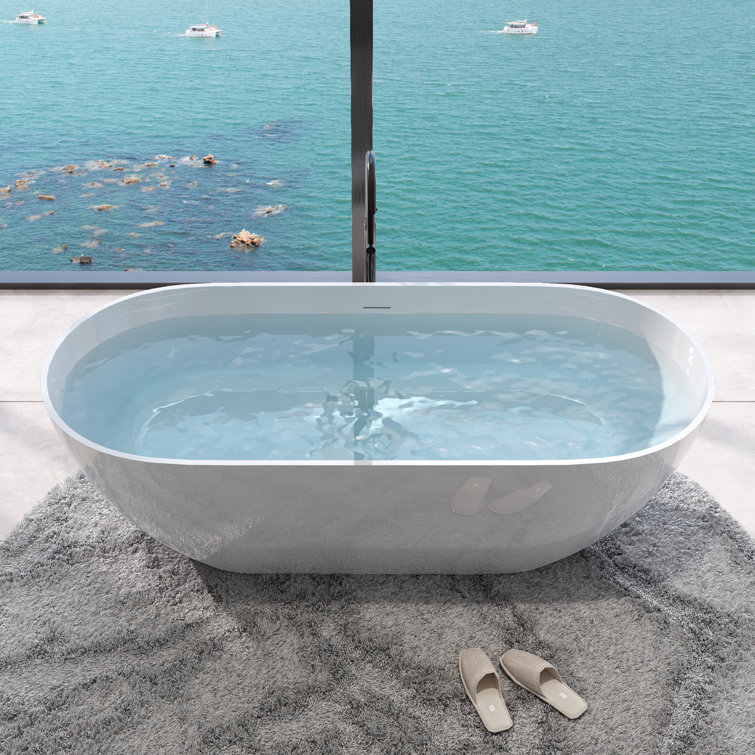 Glossy White 59" Freestanding Solid Surface Soaking Bathtub