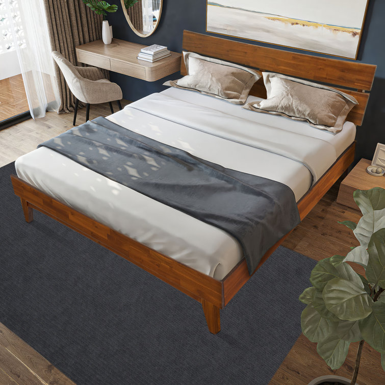 Caramel Acacia King Solid Wood Bed Frame with Headboard and Slats