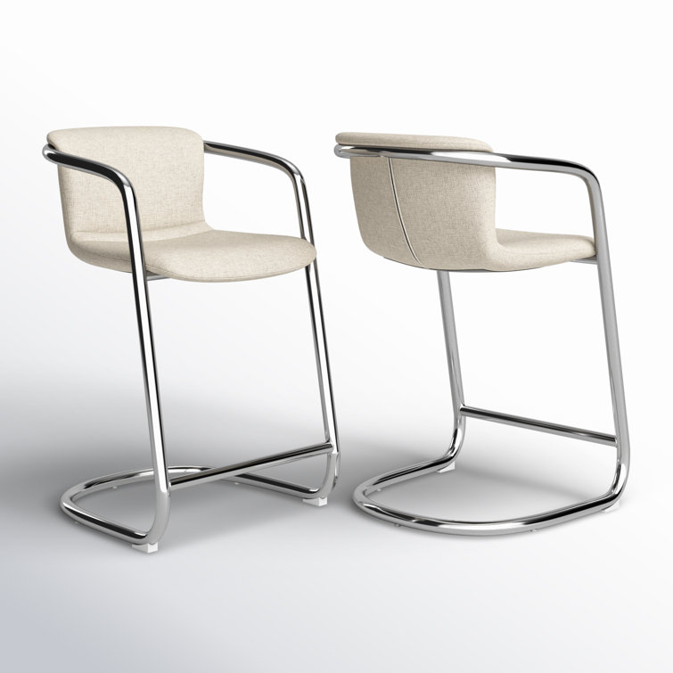 Cream and Silver Upholstered Counter Stools with Iron Frame