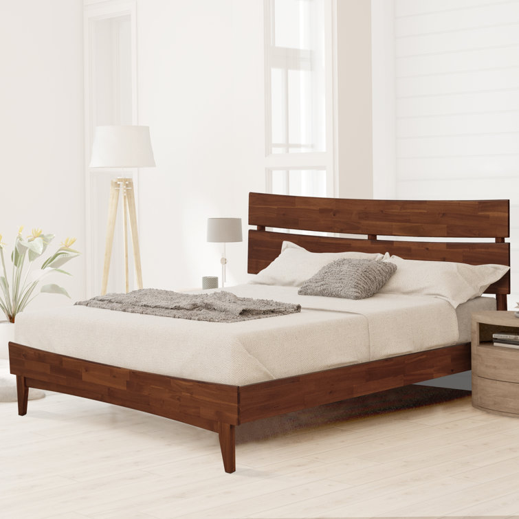 King Size Walnut Acacia Wood Bed Frame with High Headboard