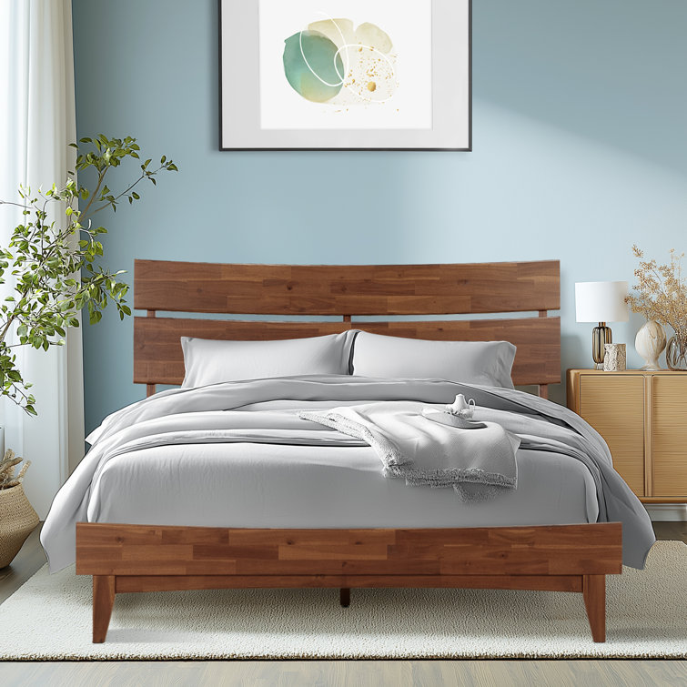 King Size Walnut Acacia Wood Bed Frame with High Headboard