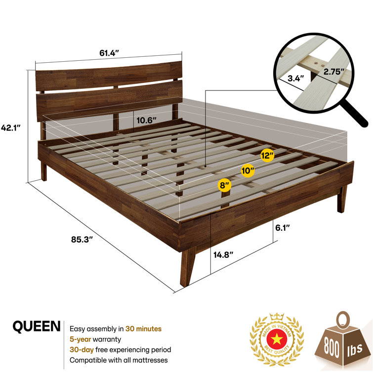 King Size Walnut Acacia Wood Bed Frame with High Headboard