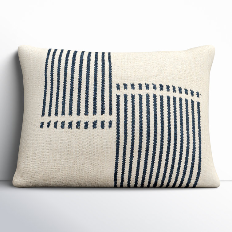 Natural and Blue Cotton Blend Striped Lumbar Pillow Set