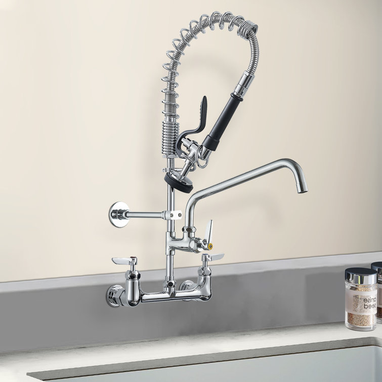 Commercial Triple Handle Wall Mount Stainless Steel Kitchen Faucet in Polished Chrome