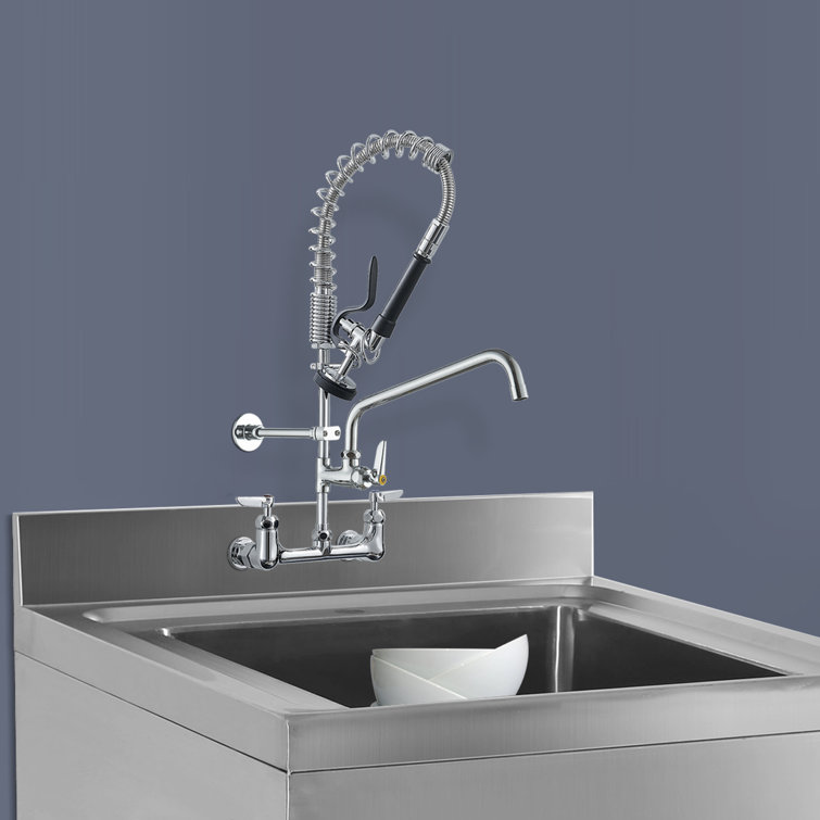 Commercial Triple Handle Wall Mount Stainless Steel Kitchen Faucet in Polished Chrome