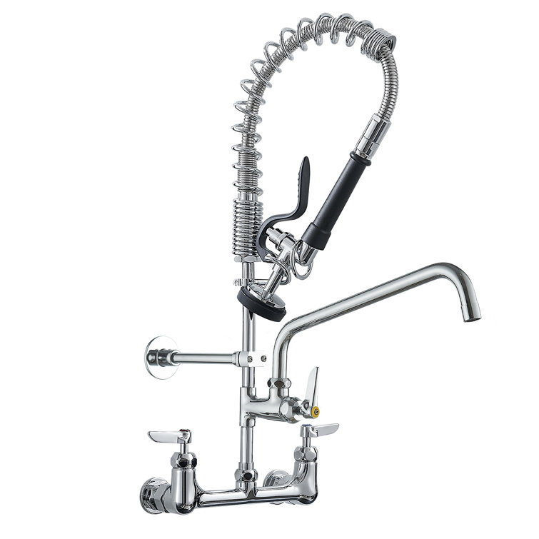 Commercial Triple Handle Wall Mount Stainless Steel Kitchen Faucet in Polished Chrome