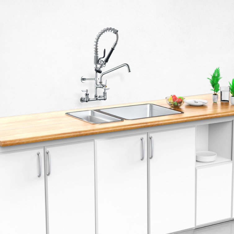 Commercial Triple Handle Wall Mount Stainless Steel Kitchen Faucet in Polished Chrome