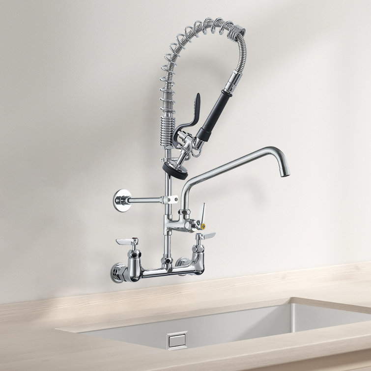 Commercial Triple Handle Wall Mount Stainless Steel Kitchen Faucet in Polished Chrome