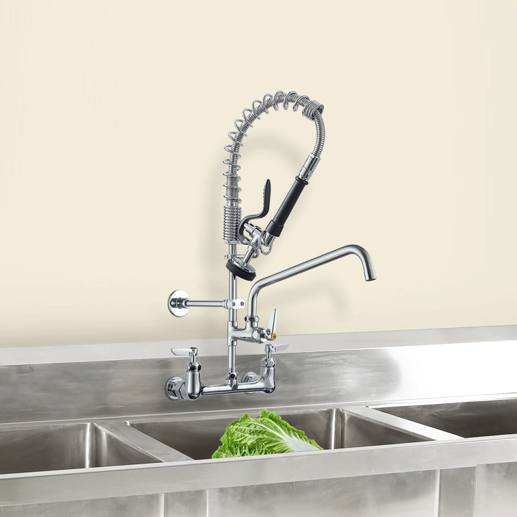 Commercial Triple Handle Wall Mount Stainless Steel Kitchen Faucet in Polished Chrome