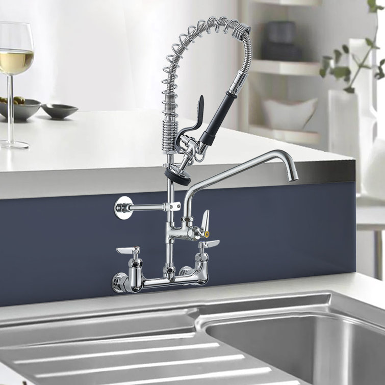 Commercial Triple Handle Wall Mount Stainless Steel Kitchen Faucet in Polished Chrome