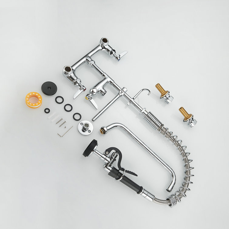 Commercial Triple Handle Wall Mount Stainless Steel Kitchen Faucet in Polished Chrome