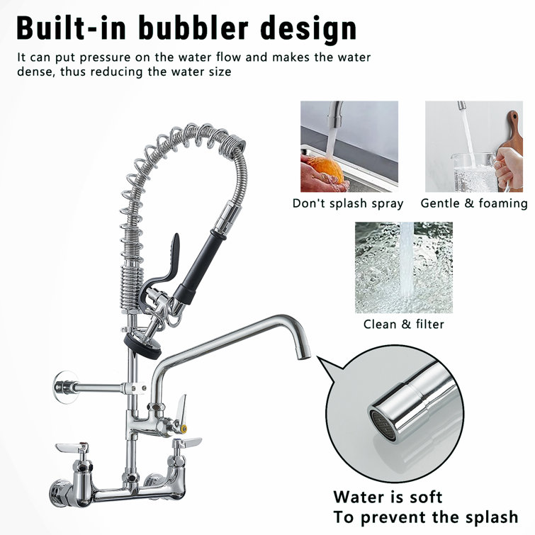 Commercial Triple Handle Wall Mount Stainless Steel Kitchen Faucet in Polished Chrome