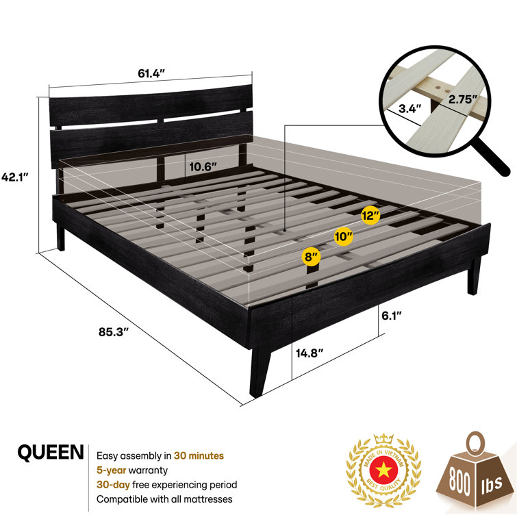 Aurora Black Queen Acacia Wood Bed Frame with Headboard