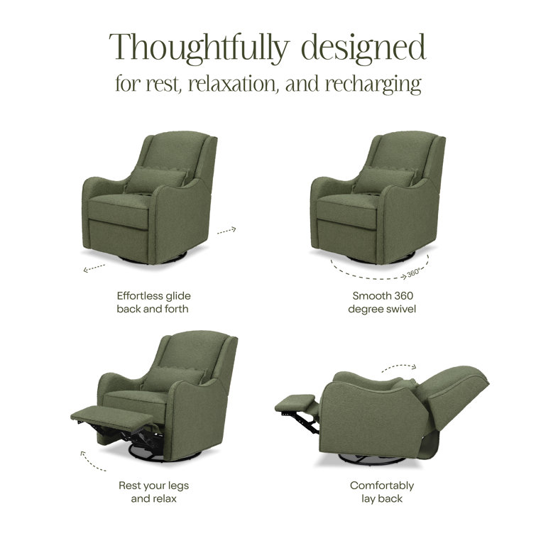 Olive Boucle Swivel Recliner with Wood Base