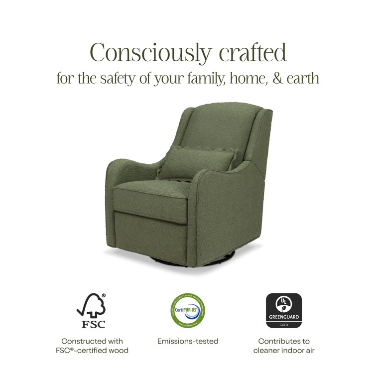 Olive Boucle Swivel Recliner with Wood Base